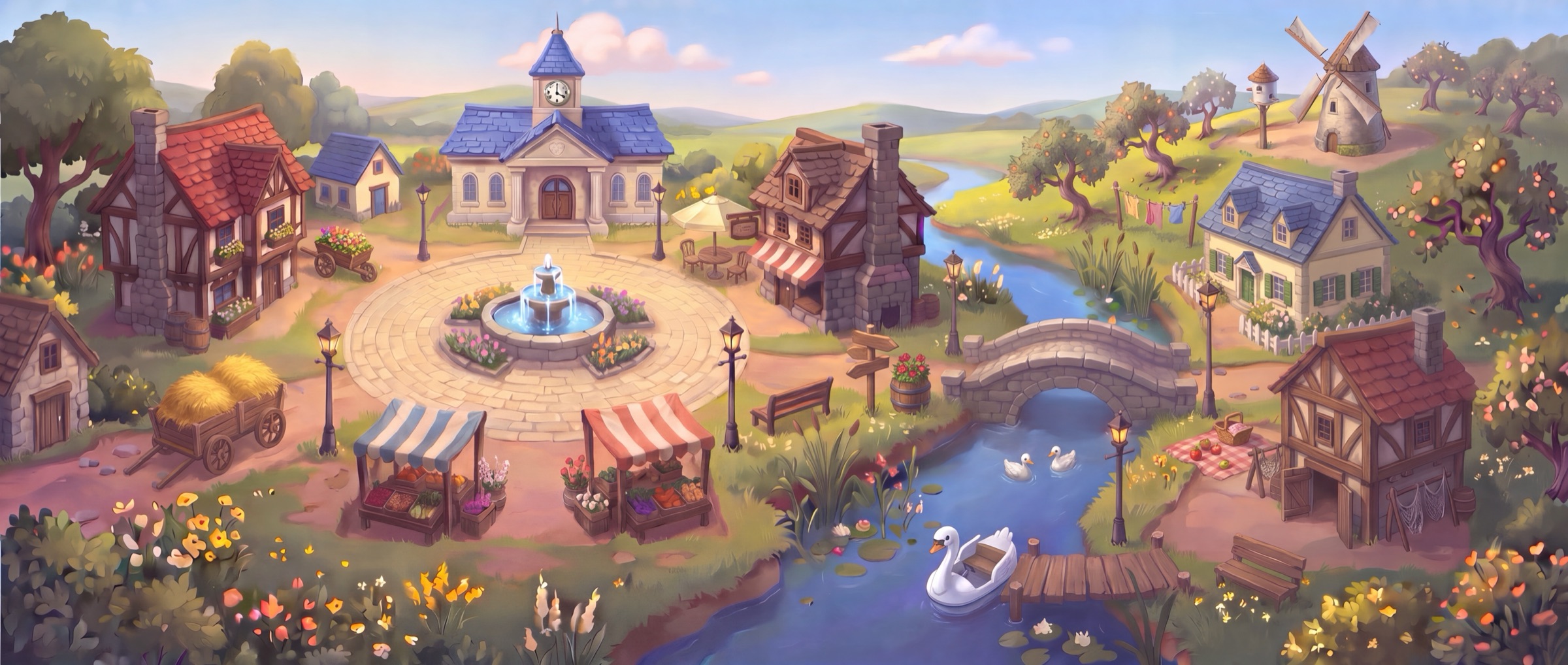 The town square and riverside of Evenbrook