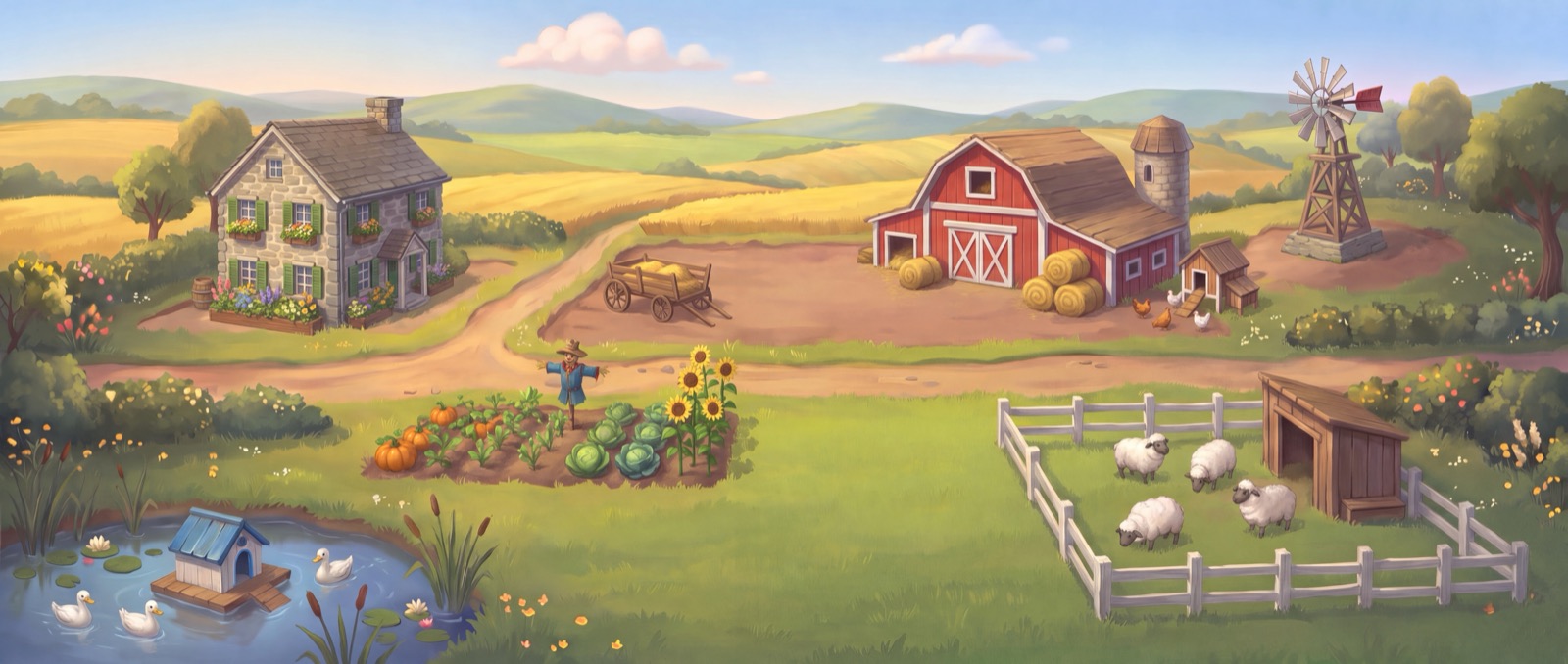 Meadow Farm with a red barn, a kitchen garden, sheep and ducks