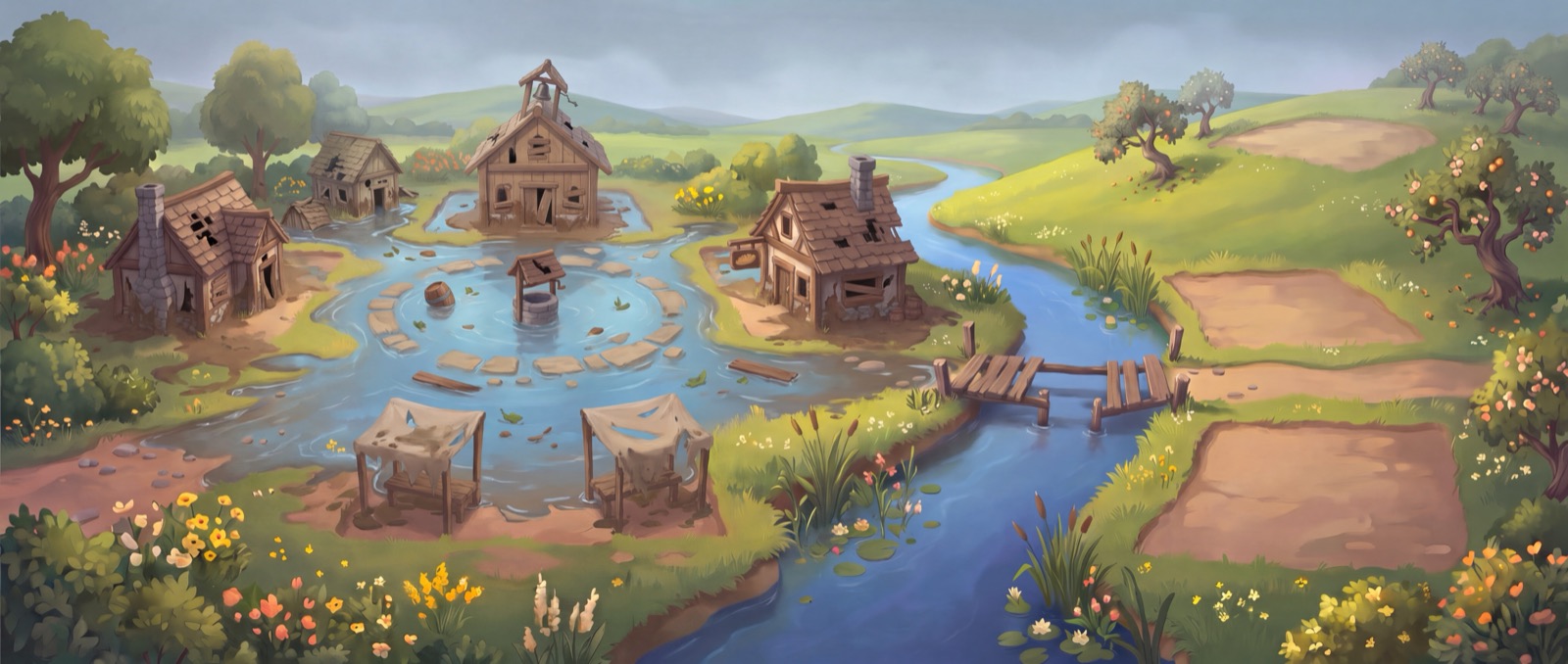 The village right after the flood: water over the square, broken cottages