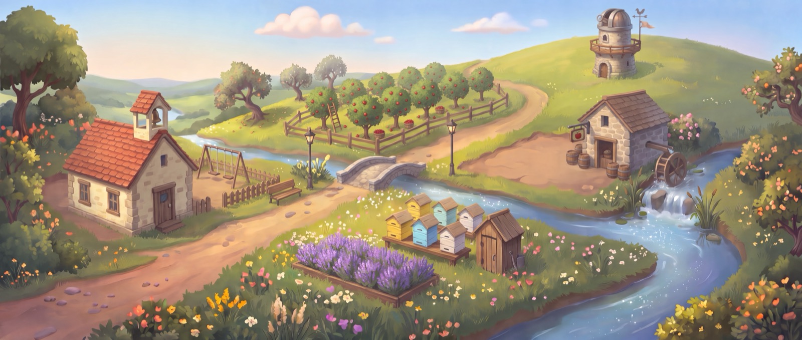 Orchard Hill with a school, beehives, an orchard and a weather tower