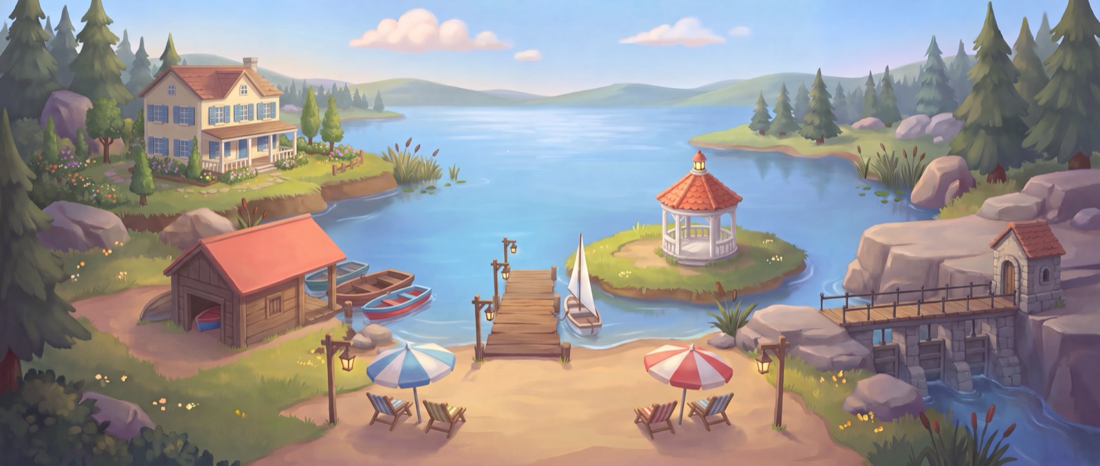 Lake Even with a boathouse, a villa, a pier, an island pavilion and a stone dam
