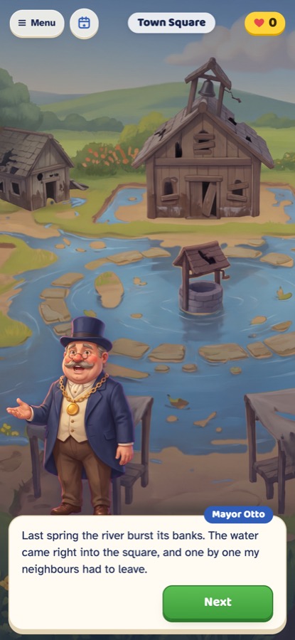 Mayor Otto telling the story of the flood in the flooded town square