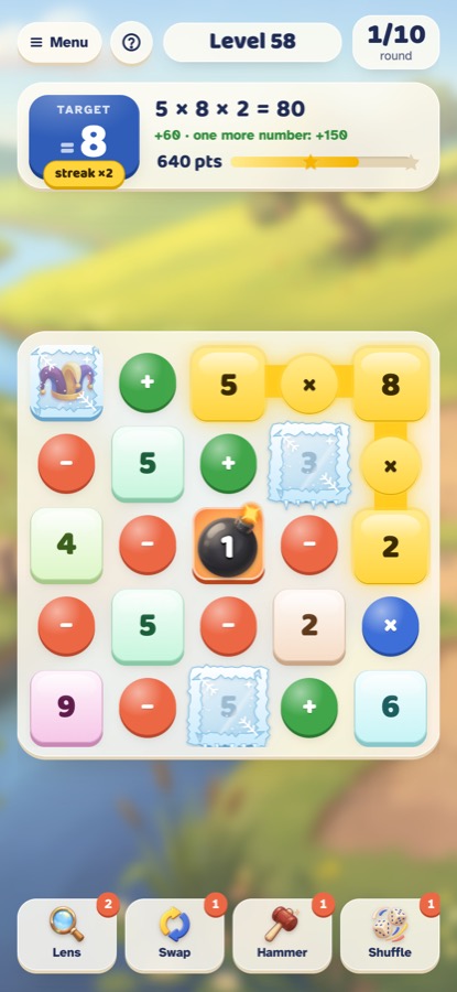 The puzzle board: numbers and operators on a five by five grid, target 8
