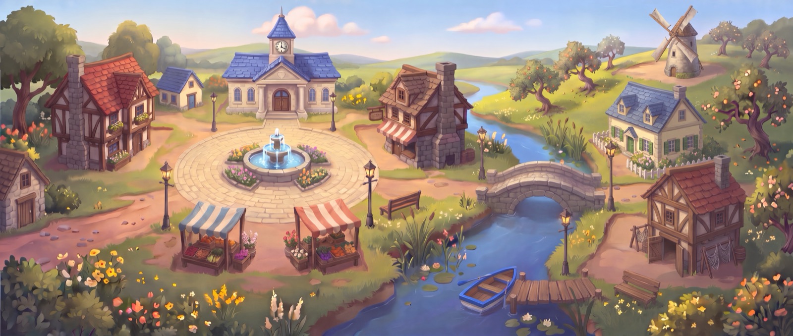 The same village rebuilt into a lovely little town with a fountain, a town hall and a stone bridge